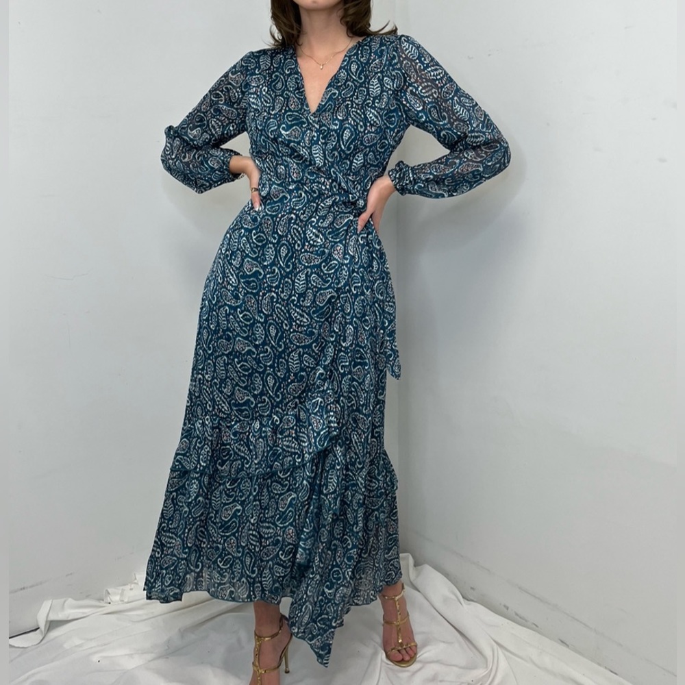 Molly Bracken Blue Long Sleeve Paisley Wrap Dress